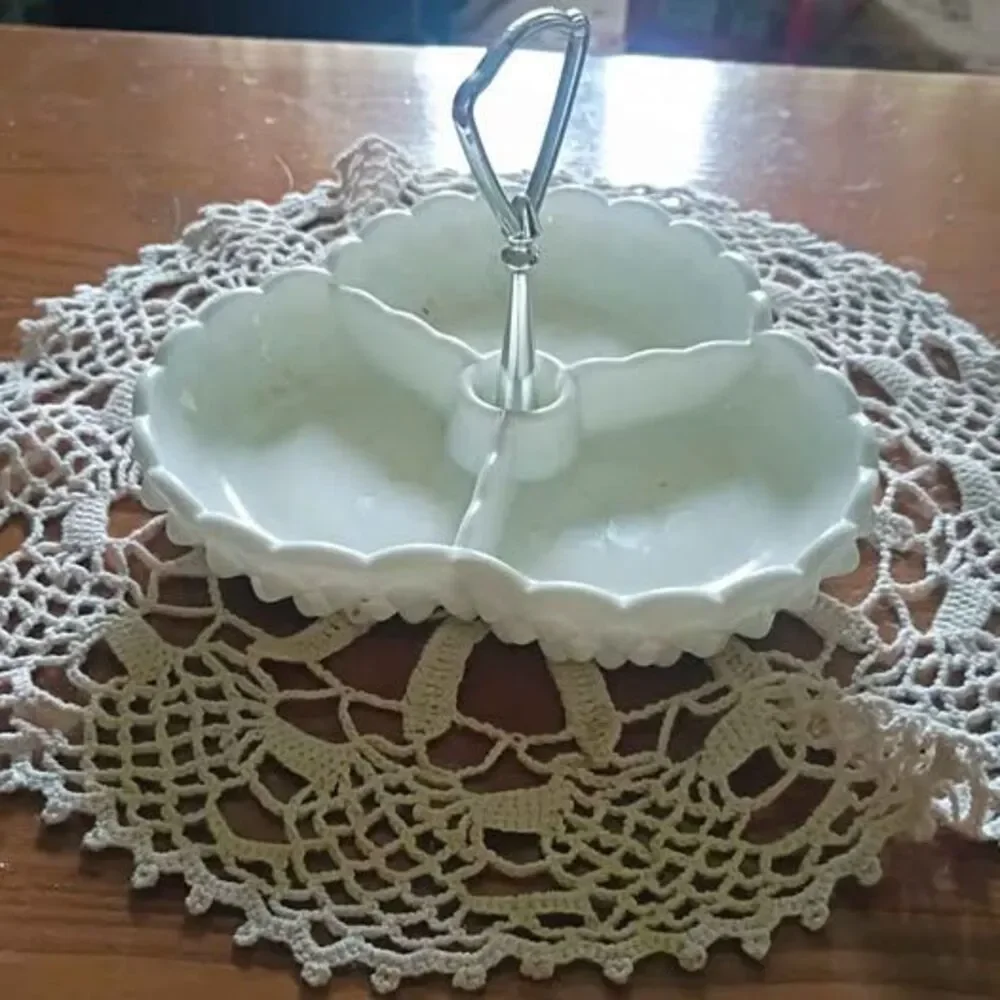 Vintage Milk Glass 3-Section Divided Serving Dish with Handle